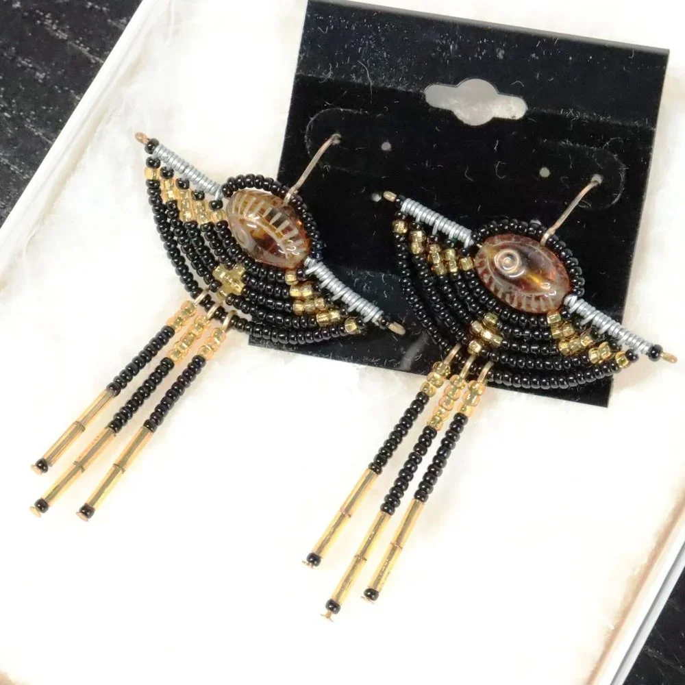 New Handcrafted Custom Beadwork Winged Ethnic Beaded Dangle Earrings - Picture 2 of 4